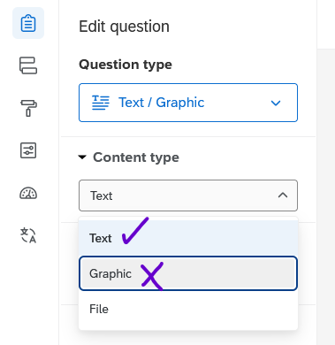 The content type menu for a 'Text / Graphic' question. Annotations emphasize using the 'text' content type and avoiding the 'graphic' type.
